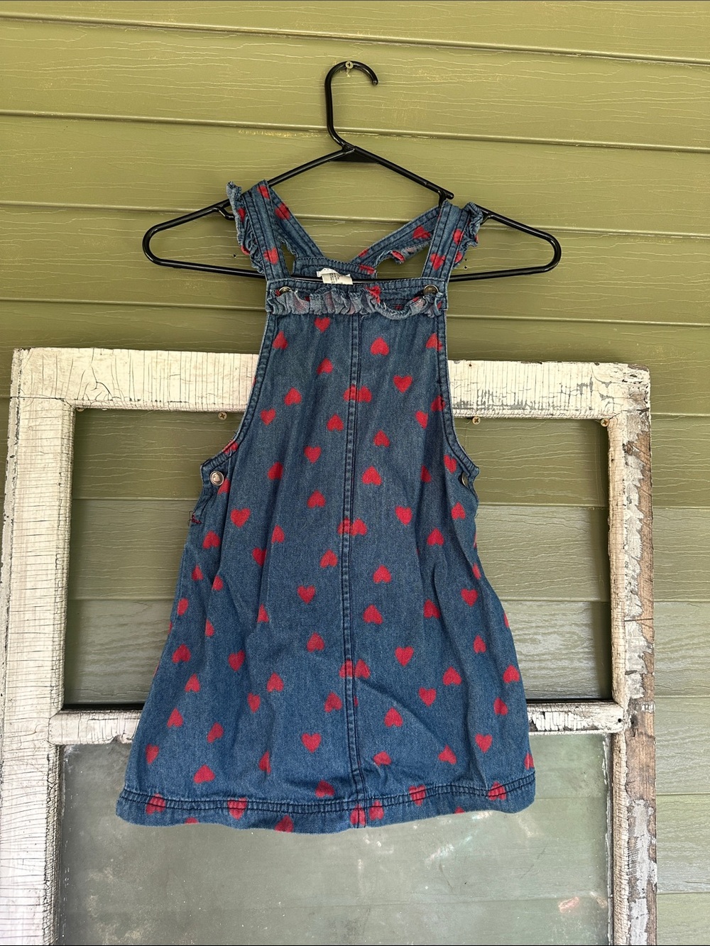 Max Studio Blue Denim Overall Dress with Red Heart Print